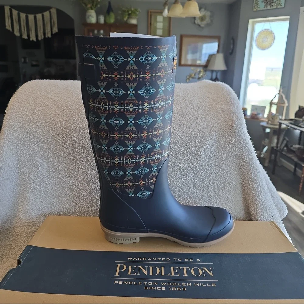 Pendleton Women's Diamond Peak Tall Navy Rain Boots Size 10 NIB Southwest Design